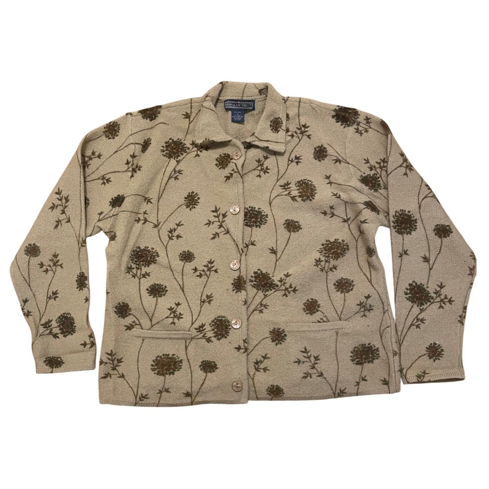 Vintage Fall Theme Wool Floral Cardigan Sweater Tan Large